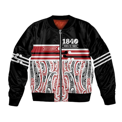Personalised Toitu Te Tiriti Aotearoa 1840 Bomber Jacket Red Kowhaiwhai Puhoro - Aussie Hoodie