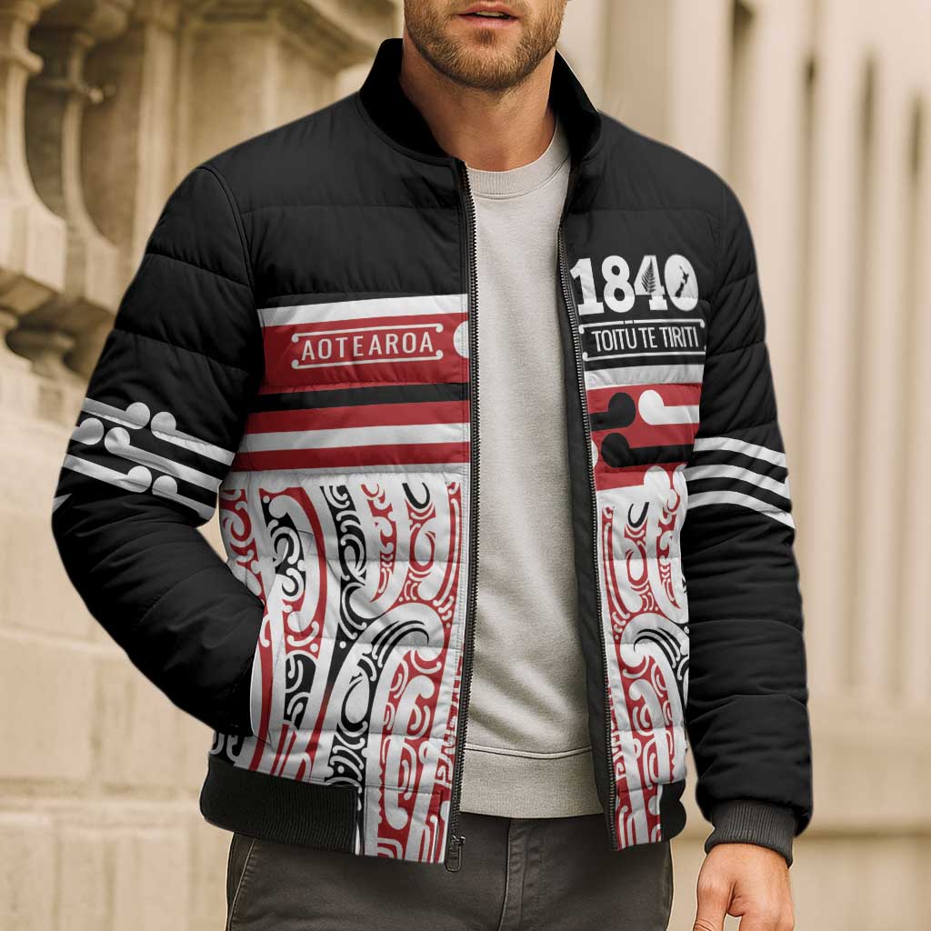 Personalised Toitu Te Tiriti Aotearoa 1840 Bomber Puffer Jacket Red Kowhaiwhai Puhoro - Aussie Hoodie