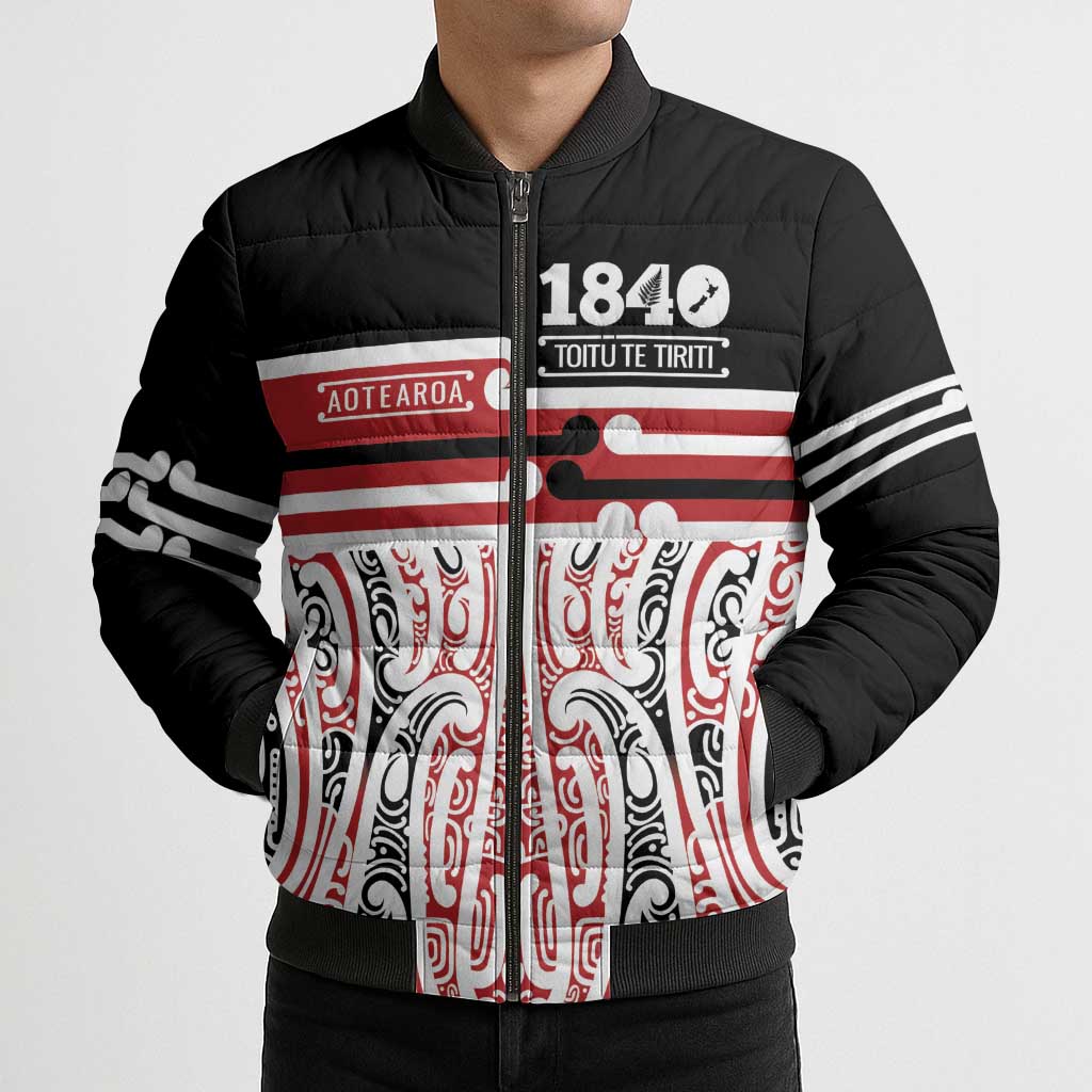 Personalised Toitu Te Tiriti Aotearoa 1840 Bomber Puffer Jacket Red Kowhaiwhai Puhoro - Aussie Hoodie