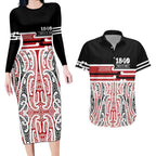 Personalised Toitu Te Tiriti Aotearoa 1840 Couples Matching Long Sleeve Bodycon Dress and Hawaiian Shirt Red Kowhaiwhai Puhoro - Aussie Hoodie