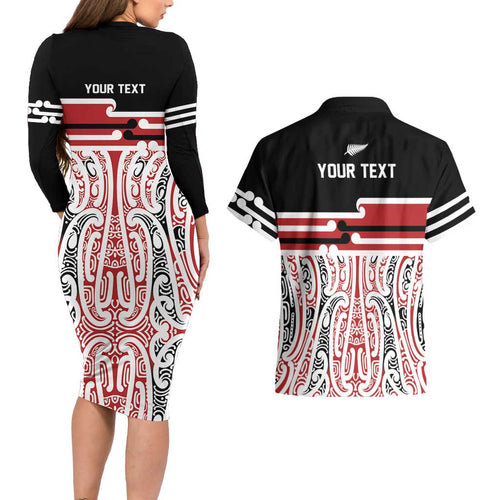 Personalised Toitu Te Tiriti Aotearoa 1840 Couples Matching Long Sleeve Bodycon Dress and Hawaiian Shirt Red Kowhaiwhai Puhoro - Aussie Hoodie