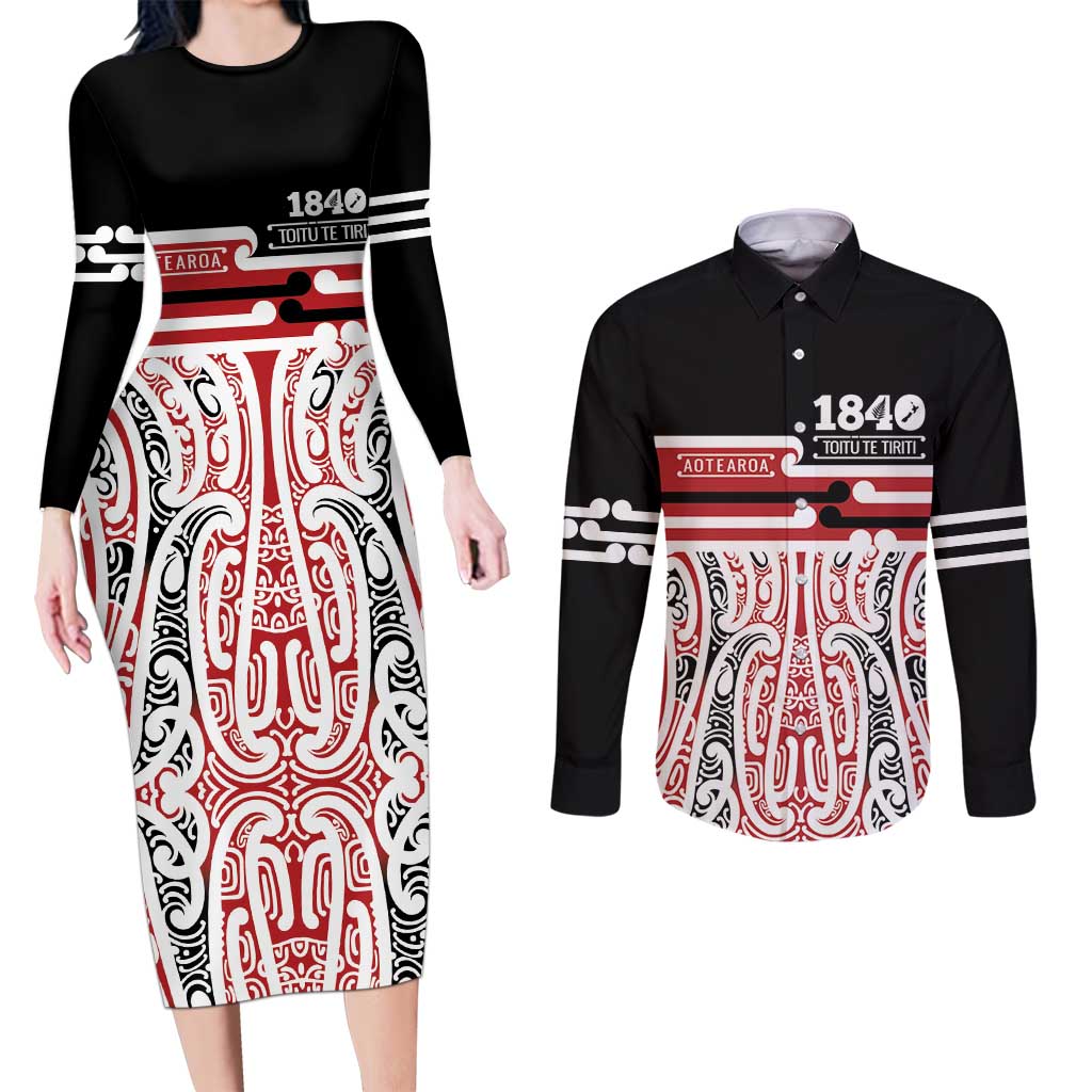 Personalised Toitu Te Tiriti Aotearoa 1840 Couples Matching Long Sleeve Bodycon Dress and Long Sleeve Button Shirt Red Kowhaiwhai Puhoro - Aussie Hoodie