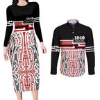 Personalised Toitu Te Tiriti Aotearoa 1840 Couples Matching Long Sleeve Bodycon Dress and Long Sleeve Button Shirt Red Kowhaiwhai Puhoro - Aussie Hoodie