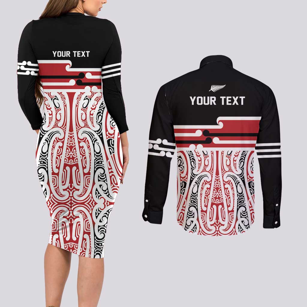 Personalised Toitu Te Tiriti Aotearoa 1840 Couples Matching Long Sleeve Bodycon Dress and Long Sleeve Button Shirt Red Kowhaiwhai Puhoro - Aussie Hoodie