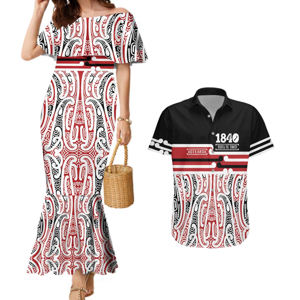 Personalised Toitu Te Tiriti Aotearoa 1840 Couples Matching Mermaid Dress and Hawaiian Shirt Red Kowhaiwhai Puhoro - Aussie Hoodie