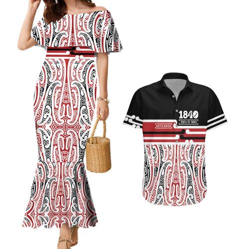 Personalised Toitu Te Tiriti Aotearoa 1840 Couples Matching Mermaid Dress and Hawaiian Shirt Red Kowhaiwhai Puhoro - Aussie Hoodie