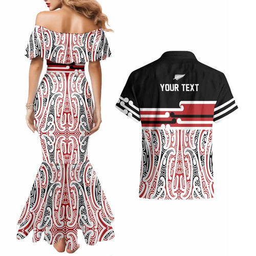 Personalised Toitu Te Tiriti Aotearoa 1840 Couples Matching Mermaid Dress and Hawaiian Shirt Red Kowhaiwhai Puhoro - Aussie Hoodie