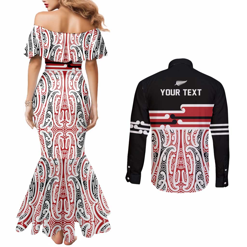 Personalised Toitu Te Tiriti Aotearoa 1840 Couples Matching Mermaid Dress and Long Sleeve Button Shirt Red Kowhaiwhai Puhoro - Aussie Hoodie