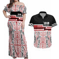 Personalised Toitu Te Tiriti Aotearoa 1840 Couples Matching Off Shoulder Maxi Dress and Hawaiian Shirt Red Kowhaiwhai Puhoro - Aussie Hoodie
