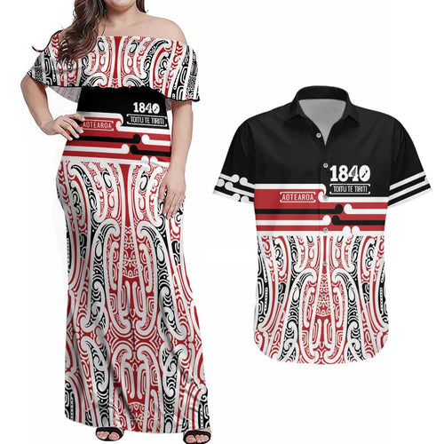 Personalised Toitu Te Tiriti Aotearoa 1840 Couples Matching Off Shoulder Maxi Dress and Hawaiian Shirt Red Kowhaiwhai Puhoro - Aussie Hoodie