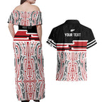 Personalised Toitu Te Tiriti Aotearoa 1840 Couples Matching Off Shoulder Maxi Dress and Hawaiian Shirt Red Kowhaiwhai Puhoro - Aussie Hoodie