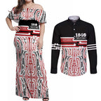 Personalised Toitu Te Tiriti Aotearoa 1840 Couples Matching Off Shoulder Maxi Dress and Long Sleeve Button Shirt Red Kowhaiwhai Puhoro - Aussie Hoodie