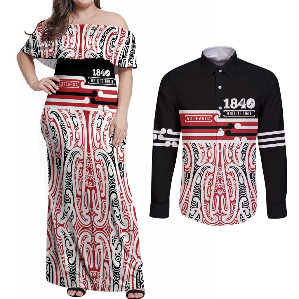 Personalised Toitu Te Tiriti Aotearoa 1840 Couples Matching Off Shoulder Maxi Dress and Long Sleeve Button Shirt Red Kowhaiwhai Puhoro - Aussie Hoodie
