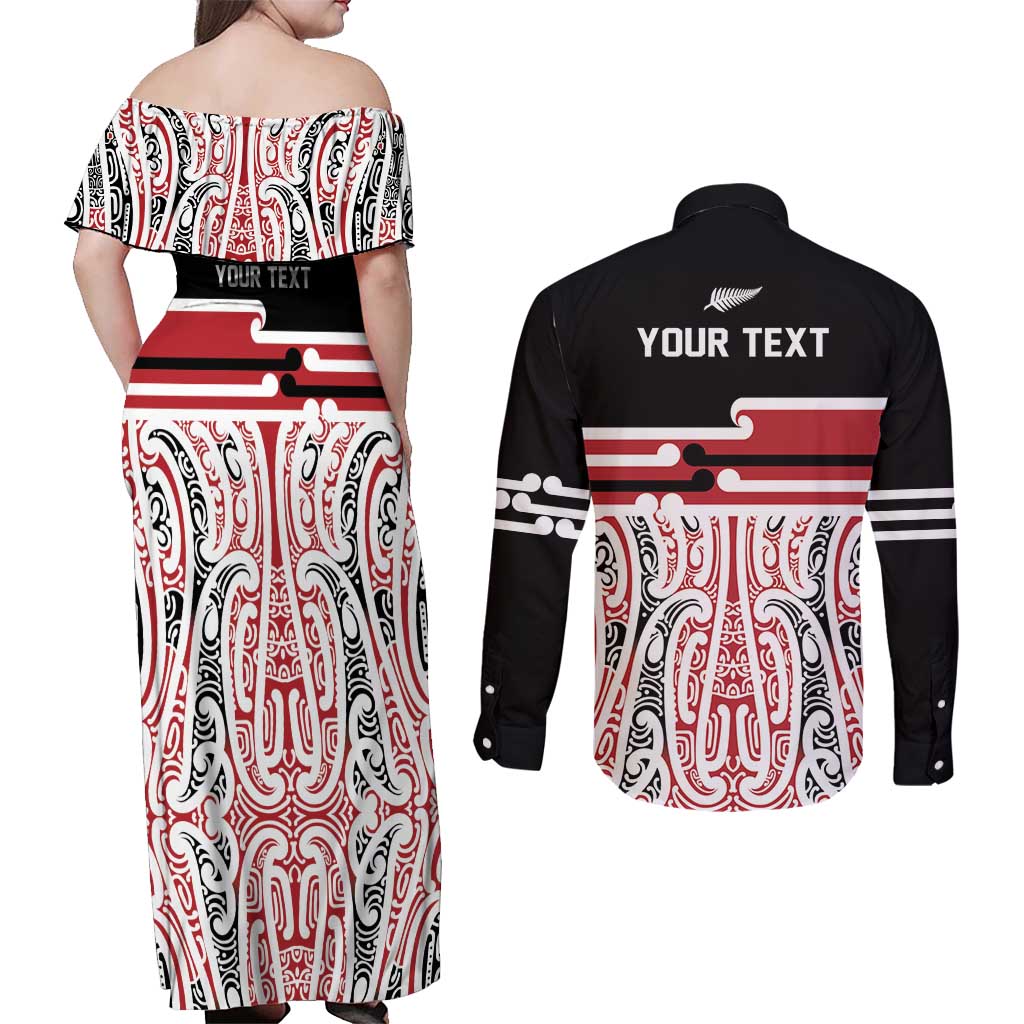 Personalised Toitu Te Tiriti Aotearoa 1840 Couples Matching Off Shoulder Maxi Dress and Long Sleeve Button Shirt Red Kowhaiwhai Puhoro - Aussie Hoodie
