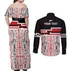 Personalised Toitu Te Tiriti Aotearoa 1840 Couples Matching Off Shoulder Maxi Dress and Long Sleeve Button Shirt Red Kowhaiwhai Puhoro - Aussie Hoodie