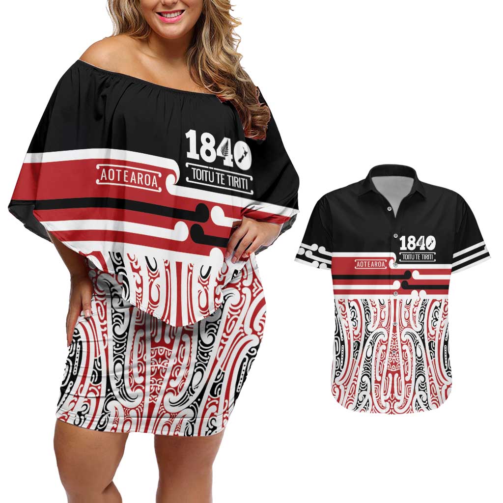 Personalised Toitu Te Tiriti Aotearoa 1840 Couples Matching Off Shoulder Short Dress and Hawaiian Shirt Red Kowhaiwhai Puhoro - Aussie Hoodie