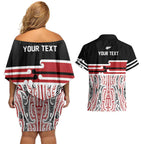 Personalised Toitu Te Tiriti Aotearoa 1840 Couples Matching Off Shoulder Short Dress and Hawaiian Shirt Red Kowhaiwhai Puhoro - Aussie Hoodie