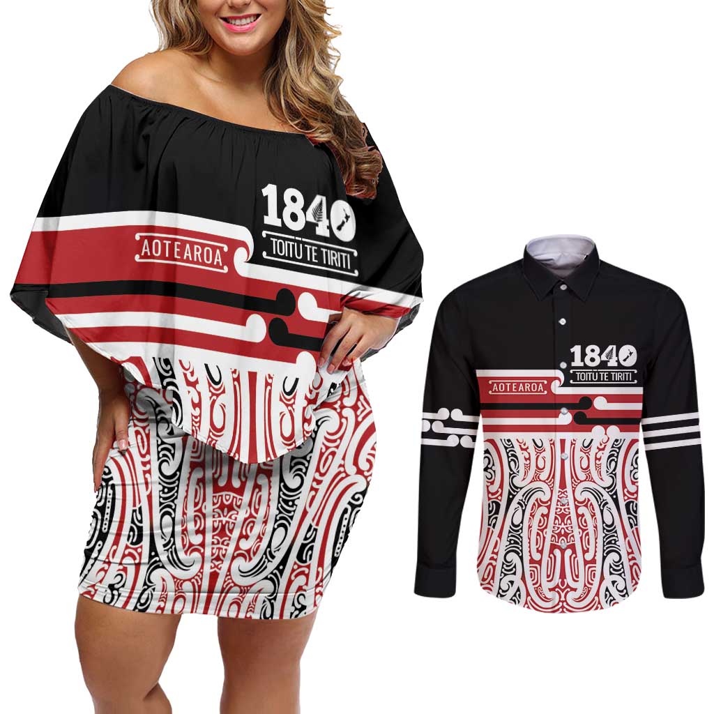 Personalised Toitu Te Tiriti Aotearoa 1840 Couples Matching Off Shoulder Short Dress and Long Sleeve Button Shirt Red Kowhaiwhai Puhoro - Aussie Hoodie