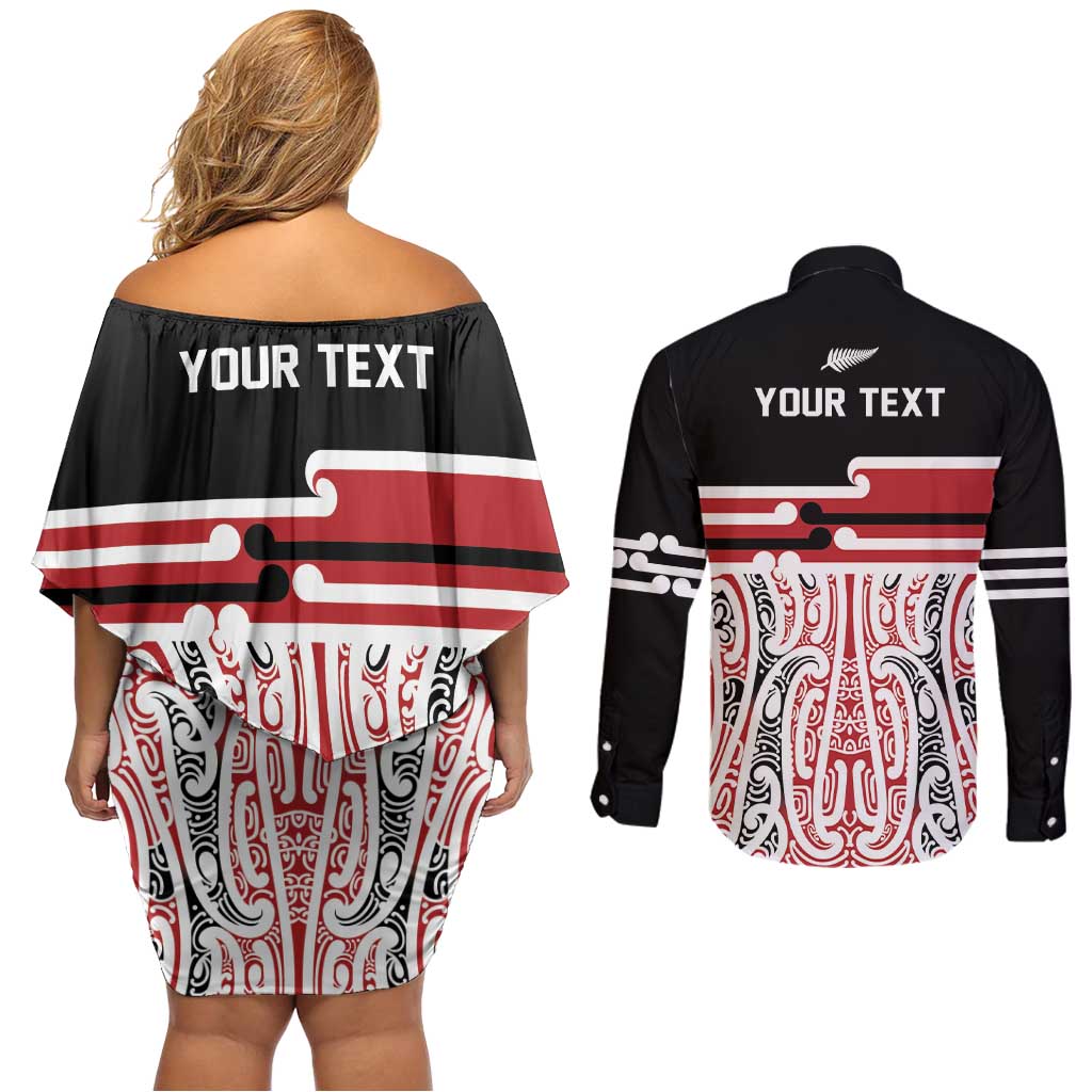 Personalised Toitu Te Tiriti Aotearoa 1840 Couples Matching Off Shoulder Short Dress and Long Sleeve Button Shirt Red Kowhaiwhai Puhoro - Aussie Hoodie