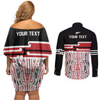 Personalised Toitu Te Tiriti Aotearoa 1840 Couples Matching Off Shoulder Short Dress and Long Sleeve Button Shirt Red Kowhaiwhai Puhoro - Aussie Hoodie