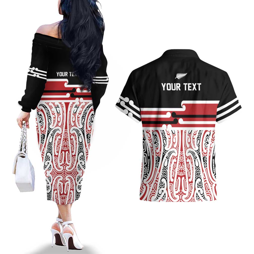 Personalised Toitu Te Tiriti Aotearoa 1840 Couples Matching Off The Shoulder Long Sleeve Dress and Hawaiian Shirt Red Kowhaiwhai Puhoro - Aussie Hoodie