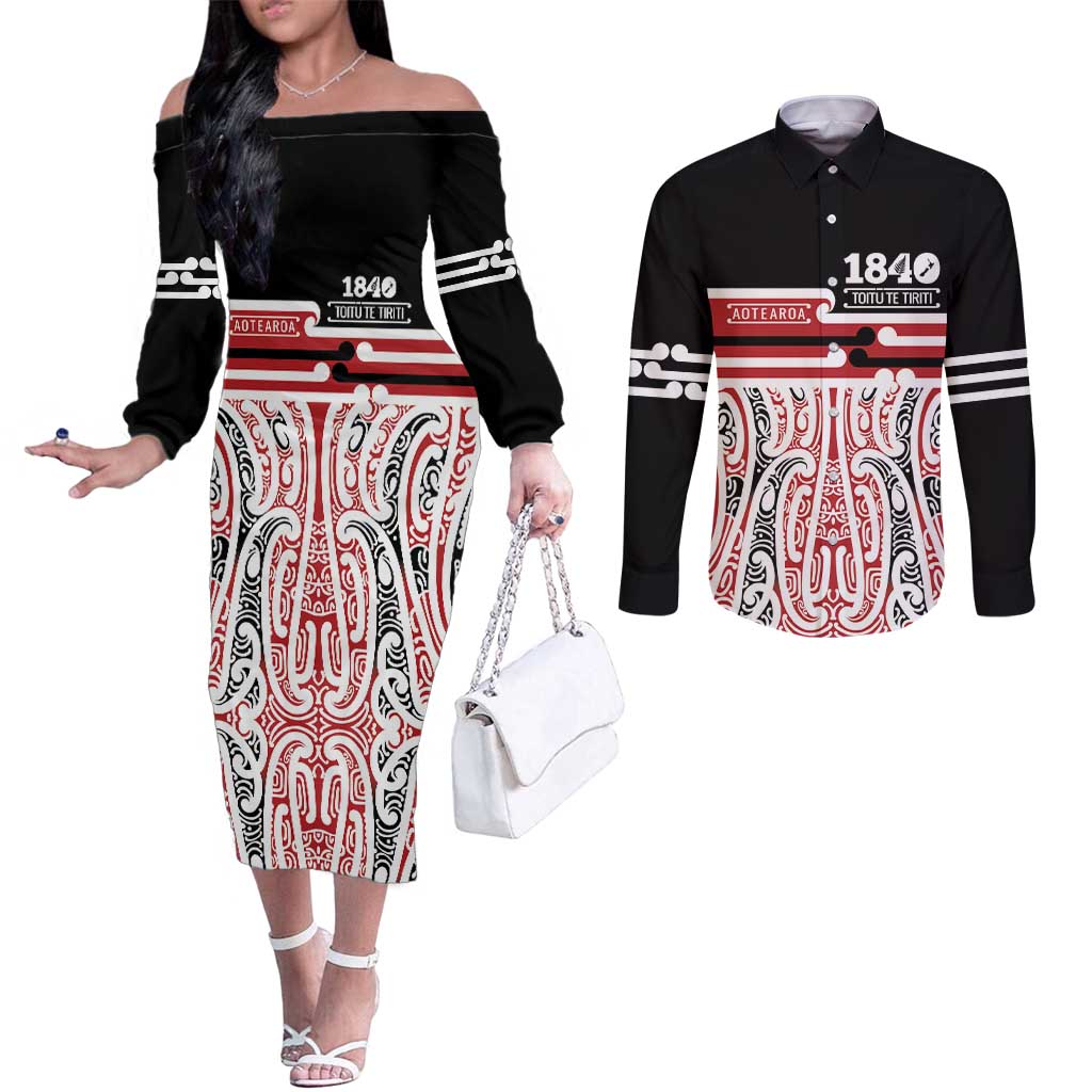 Personalised Toitu Te Tiriti Aotearoa 1840 Couples Matching Off The Shoulder Long Sleeve Dress and Long Sleeve Button Shirt Red Kowhaiwhai Puhoro - Aussie Hoodie