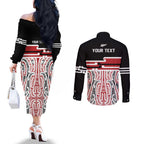 Personalised Toitu Te Tiriti Aotearoa 1840 Couples Matching Off The Shoulder Long Sleeve Dress and Long Sleeve Button Shirt Red Kowhaiwhai Puhoro - Aussie Hoodie