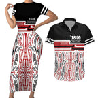 Personalised Toitu Te Tiriti Aotearoa 1840 Couples Matching Short Sleeve Bodycon Dress and Hawaiian Shirt Red Kowhaiwhai Puhoro - Aussie Hoodie