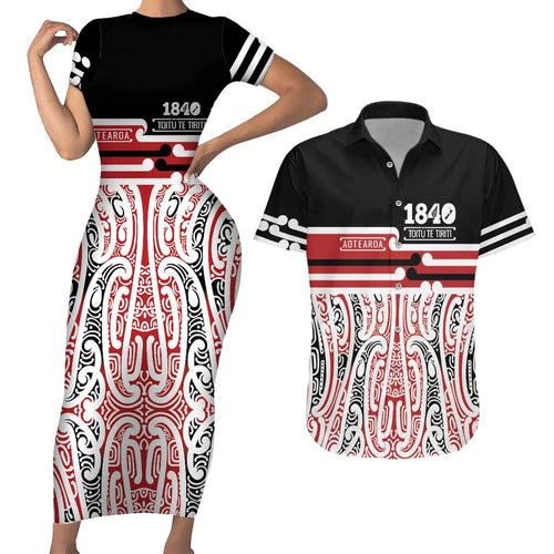 Personalised Toitu Te Tiriti Aotearoa 1840 Couples Matching Short Sleeve Bodycon Dress and Hawaiian Shirt Red Kowhaiwhai Puhoro - Aussie Hoodie