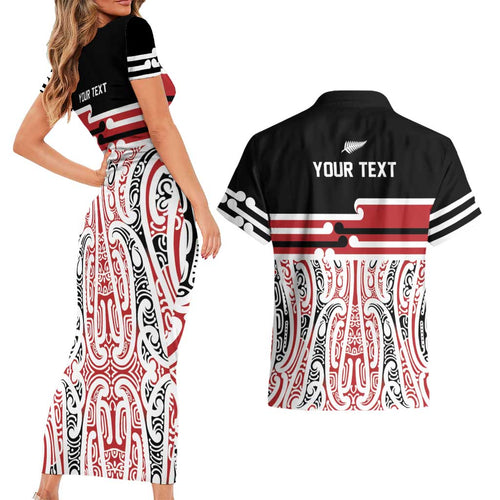 Personalised Toitu Te Tiriti Aotearoa 1840 Couples Matching Short Sleeve Bodycon Dress and Hawaiian Shirt Red Kowhaiwhai Puhoro - Aussie Hoodie