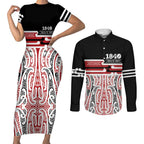 Personalised Toitu Te Tiriti Aotearoa 1840 Couples Matching Short Sleeve Bodycon Dress and Long Sleeve Button Shirt Red Kowhaiwhai Puhoro - Aussie Hoodie