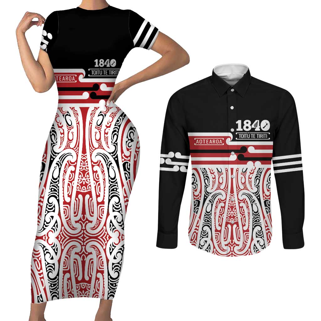 Personalised Toitu Te Tiriti Aotearoa 1840 Couples Matching Short Sleeve Bodycon Dress and Long Sleeve Button Shirt Red Kowhaiwhai Puhoro - Aussie Hoodie