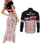 Personalised Toitu Te Tiriti Aotearoa 1840 Couples Matching Short Sleeve Bodycon Dress and Long Sleeve Button Shirt Red Kowhaiwhai Puhoro - Aussie Hoodie