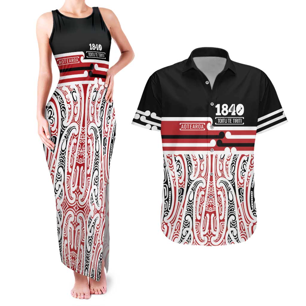 Personalised Toitu Te Tiriti Aotearoa 1840 Couples Matching Tank Maxi Dress and Hawaiian Shirt Red Kowhaiwhai Puhoro - Aussie Hoodie