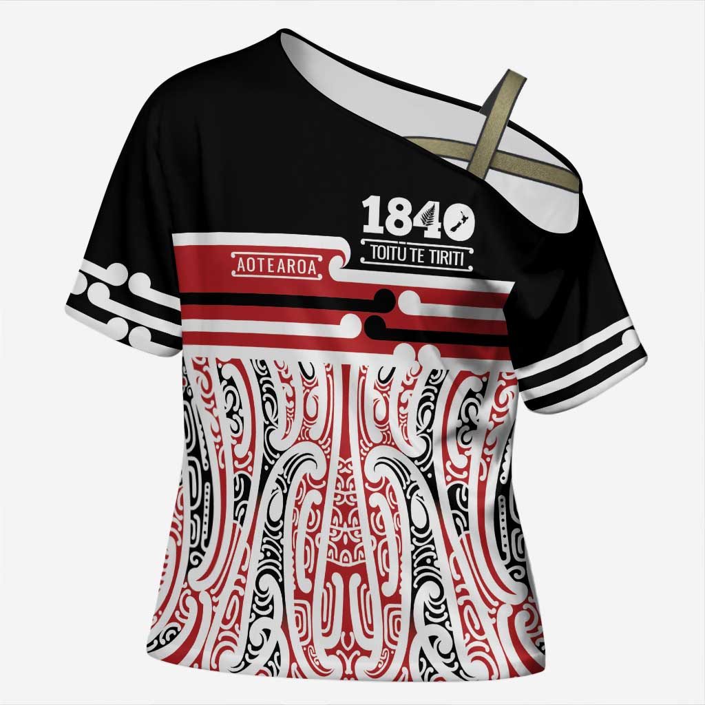 Personalised Toitu Te Tiriti Aotearoa 1840 Cross Shoulder Shirt Red Kowhaiwhai Puhoro - Aussie Hoodie