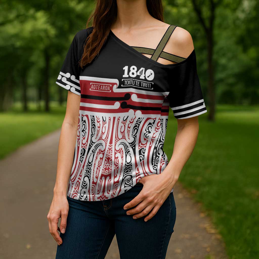 Personalised Toitu Te Tiriti Aotearoa 1840 Cross Shoulder Shirt Red Kowhaiwhai Puhoro - Aussie Hoodie