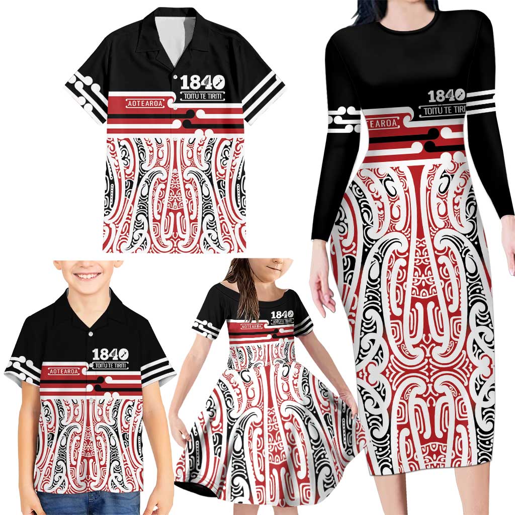 Personalised Toitu Te Tiriti Aotearoa 1840 Family Matching Long Sleeve Bodycon Dress and Hawaiian Shirt Red Kowhaiwhai Puhoro - Aussie Hoodie