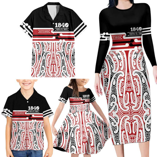 Personalised Toitu Te Tiriti Aotearoa 1840 Family Matching Long Sleeve Bodycon Dress and Hawaiian Shirt Red Kowhaiwhai Puhoro - Aussie Hoodie