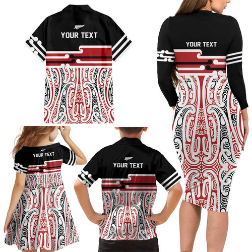 Personalised Toitu Te Tiriti Aotearoa 1840 Family Matching Long Sleeve Bodycon Dress and Hawaiian Shirt Red Kowhaiwhai Puhoro - Aussie Hoodie