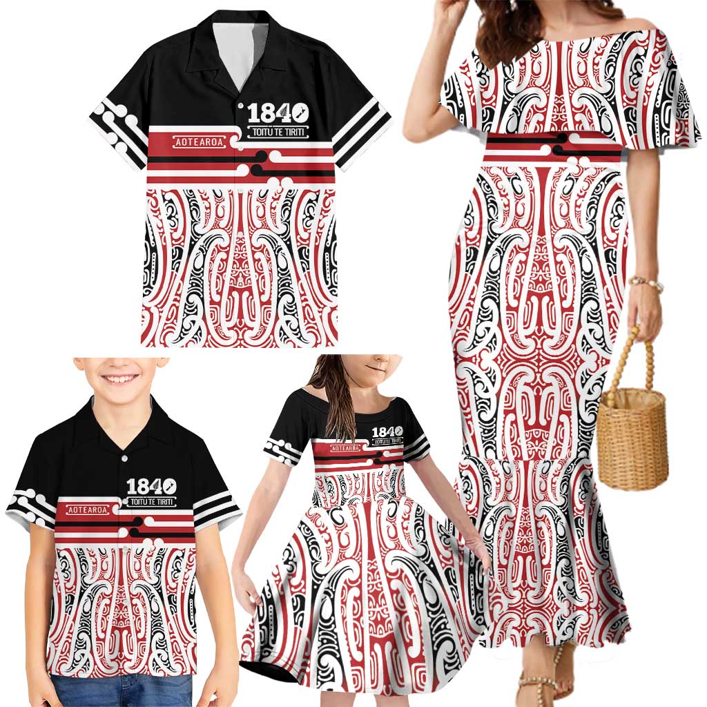 Personalised Toitu Te Tiriti Aotearoa 1840 Family Matching Mermaid Dress and Hawaiian Shirt Red Kowhaiwhai Puhoro - Aussie Hoodie