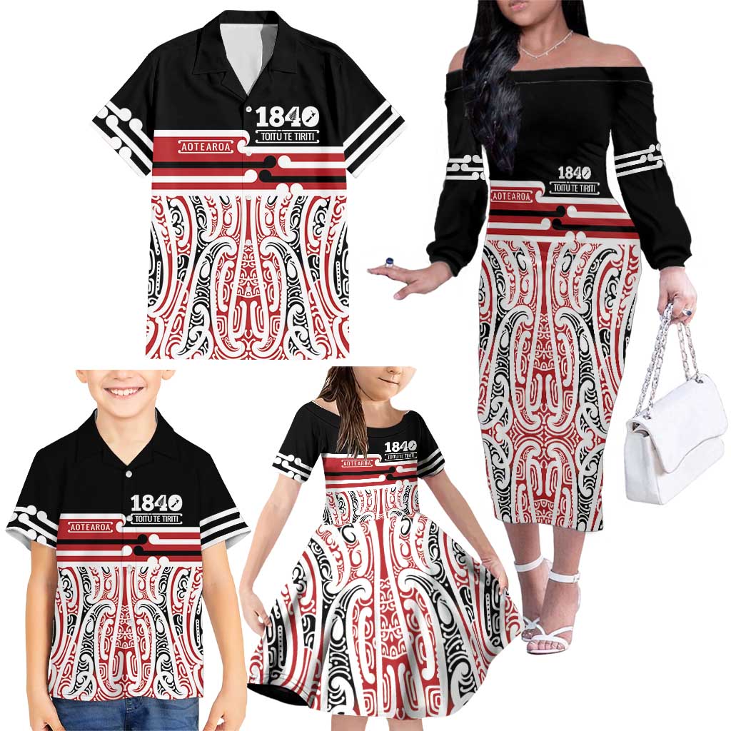 Personalised Toitu Te Tiriti Aotearoa 1840 Family Matching Off The Shoulder Long Sleeve Dress and Hawaiian Shirt Red Kowhaiwhai Puhoro - Aussie Hoodie