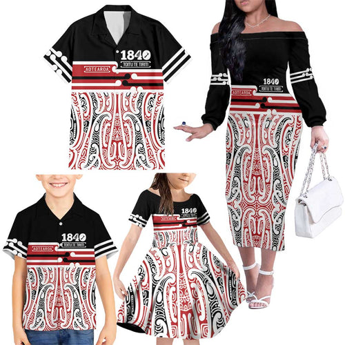 Personalised Toitu Te Tiriti Aotearoa 1840 Family Matching Off The Shoulder Long Sleeve Dress and Hawaiian Shirt Red Kowhaiwhai Puhoro - Aussie Hoodie