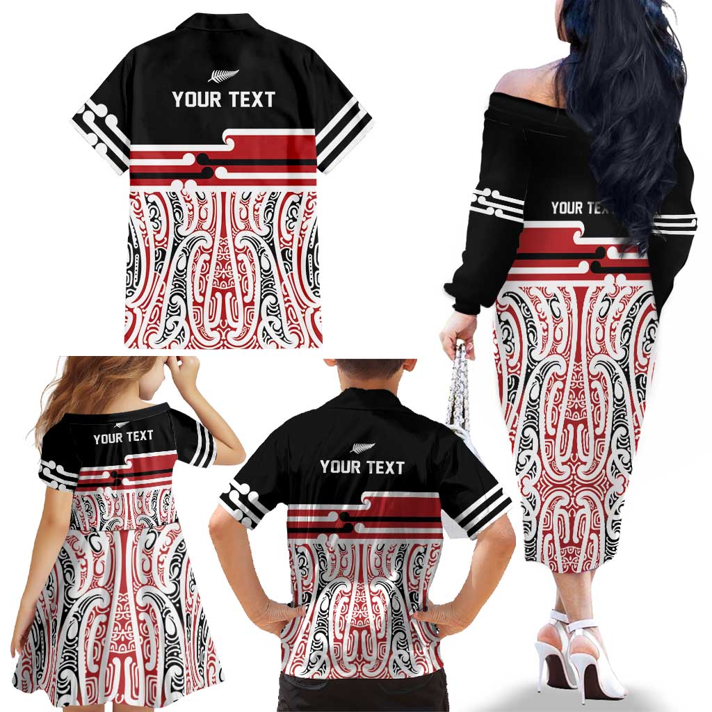 Personalised Toitu Te Tiriti Aotearoa 1840 Family Matching Off The Shoulder Long Sleeve Dress and Hawaiian Shirt Red Kowhaiwhai Puhoro - Aussie Hoodie