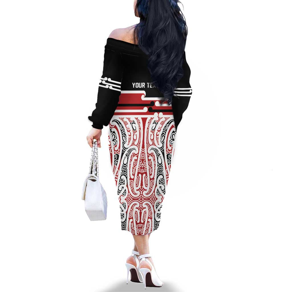 Personalised Toitu Te Tiriti Aotearoa 1840 Family Matching Off The Shoulder Long Sleeve Dress and Hawaiian Shirt Red Kowhaiwhai Puhoro - Aussie Hoodie