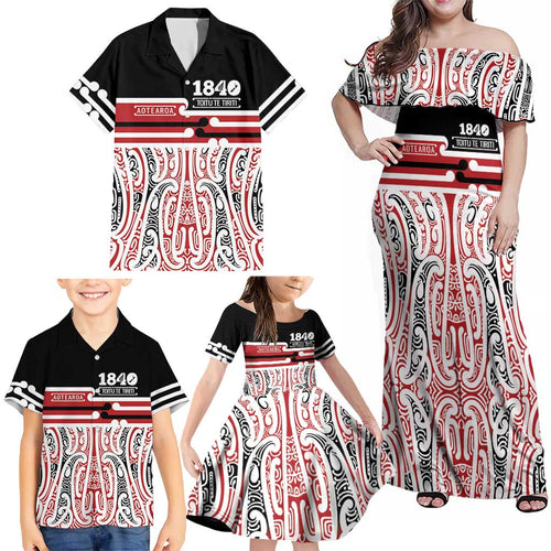 Personalised Toitu Te Tiriti Aotearoa 1840 Family Matching Off Shoulder Maxi Dress and Hawaiian Shirt Red Kowhaiwhai Puhoro - Aussie Hoodie