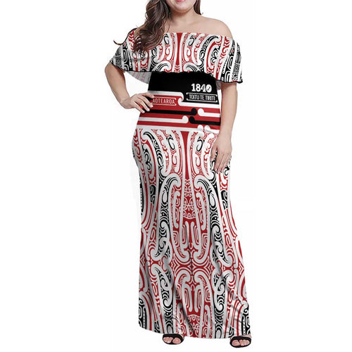 Personalised Toitu Te Tiriti Aotearoa 1840 Family Matching Off Shoulder Maxi Dress and Hawaiian Shirt Red Kowhaiwhai Puhoro - Aussie Hoodie