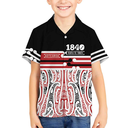 Personalised Toitu Te Tiriti Aotearoa 1840 Family Matching Off Shoulder Maxi Dress and Hawaiian Shirt Red Kowhaiwhai Puhoro - Aussie Hoodie