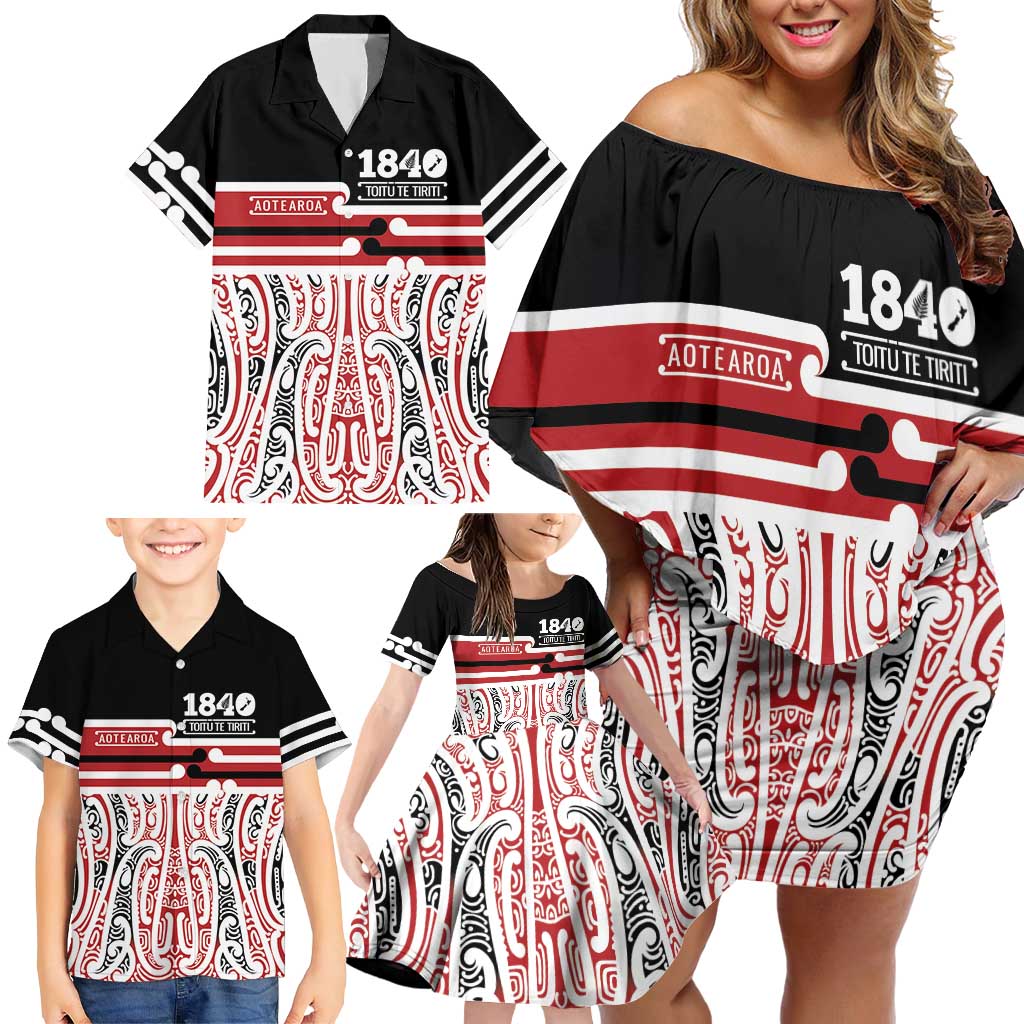 Personalised Toitu Te Tiriti Aotearoa 1840 Family Matching Off Shoulder Short Dress and Hawaiian Shirt Red Kowhaiwhai Puhoro - Aussie Hoodie