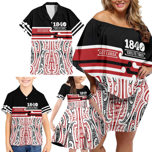 Personalised Toitu Te Tiriti Aotearoa 1840 Family Matching Off Shoulder Short Dress and Hawaiian Shirt Red Kowhaiwhai Puhoro - Aussie Hoodie