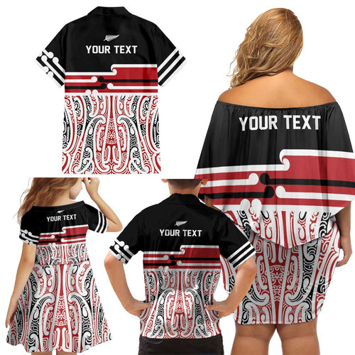 Personalised Toitu Te Tiriti Aotearoa 1840 Family Matching Off Shoulder Short Dress and Hawaiian Shirt Red Kowhaiwhai Puhoro - Aussie Hoodie
